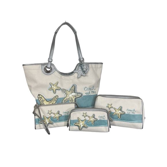 NWT Coach Starfish Beach Tote Canvas Set Zip Wallet Make Up Case Brand New Rare - Picture 2 of 16
